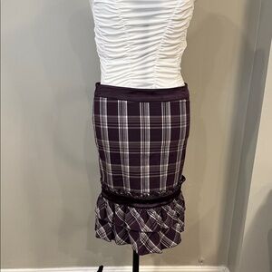 Bebe vintage dark purple and white plaid ruffled skirt with satin rim and button